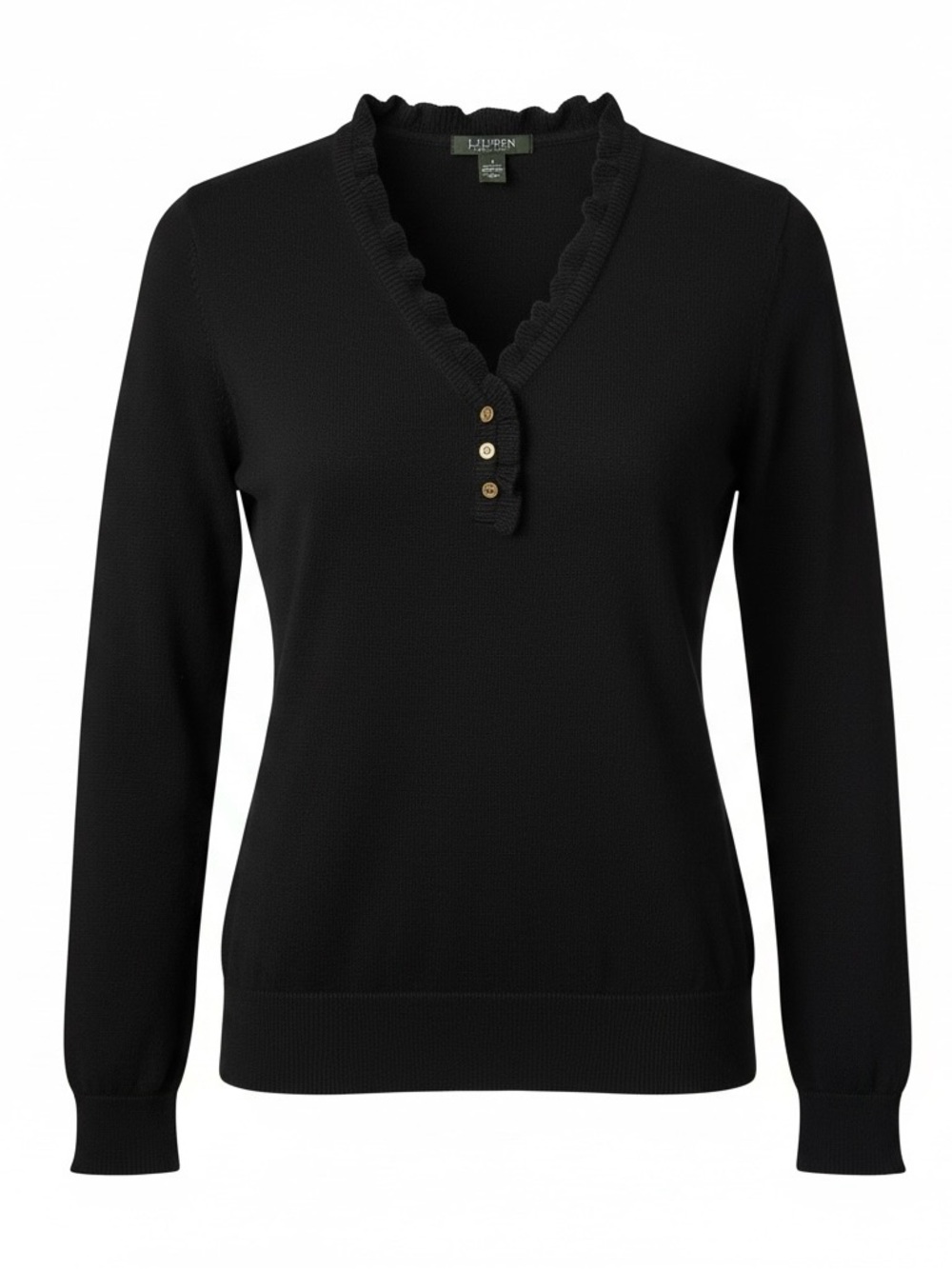 Lauren Ralph Lauren Black Cotton Henley V-Neck Ruffle Knit Sweater Top Size L